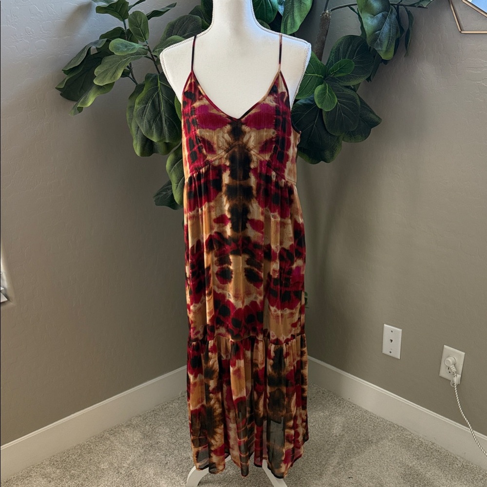 DKNY Maroons, tans, browns and black Tie-Dye Midi Dress